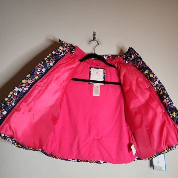 NWT Carters Snow Set Bibs & Puffer Coat Fleece Lined Blue Pink Floral Size S/4 - Picture 3 of 16
